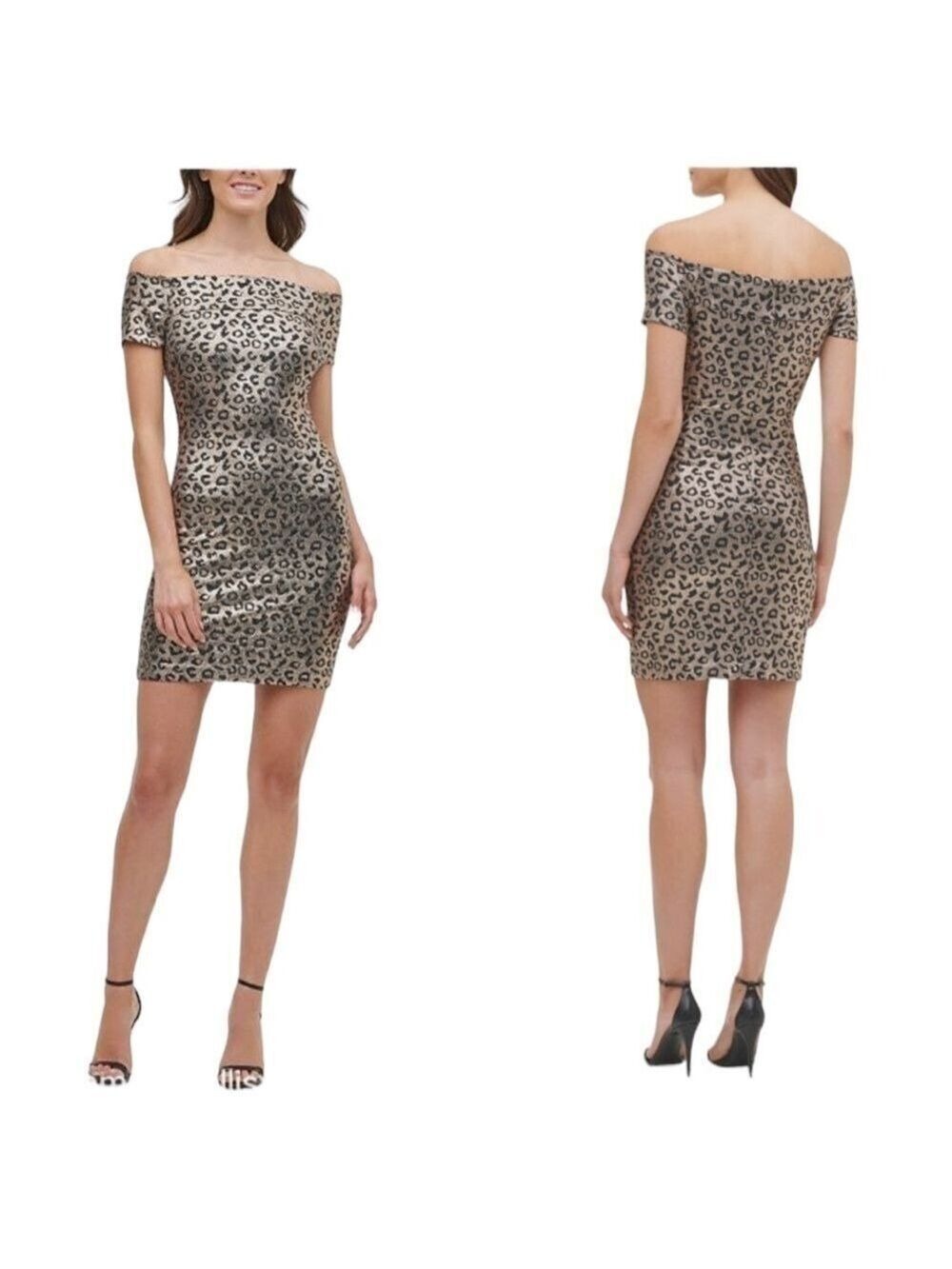 Guess Off the Shoulder Leopard Mini Sheath Dress NWT  Size S